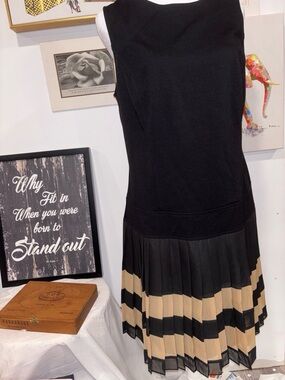 LOFT Black Sleeveless Dress with Beige-Black Pleated Hem